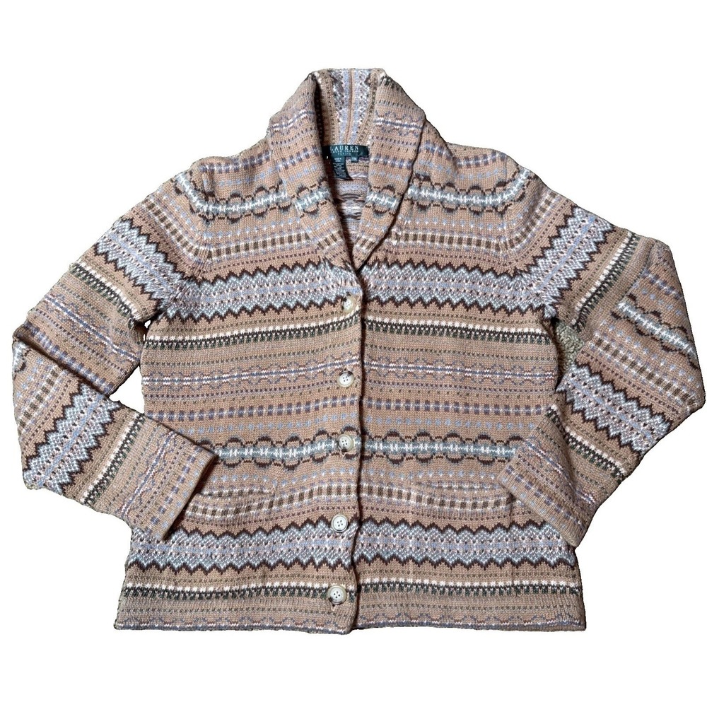 Lauren Ralph Lauren Sz M Petite Tan Fair Isle Cardigan Shawl Collar Cropped Flaw